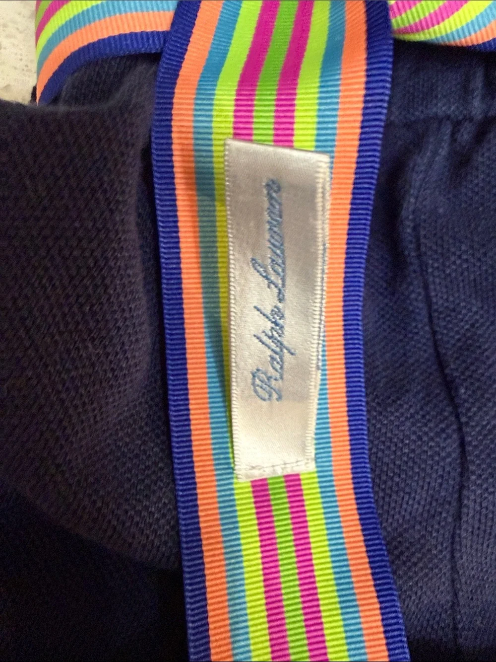 Ralph Lauren size 6M Navy Baby Polo Romper with Multicolor Stripe Bow